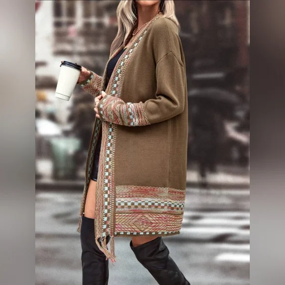SHEIN LUNE Checkered & Geo Pattern Drop Shoulder Fringe Trim Duster Cardigan-(S) - Picture 1 of 10